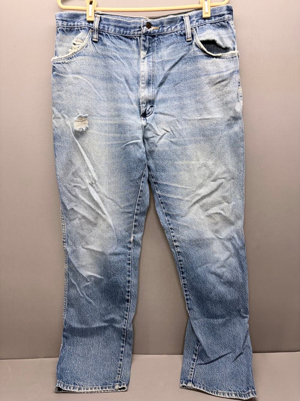 Rustler Jeans 38x34 Light Wash Distressed Holes Assembled In Honduras Flawed